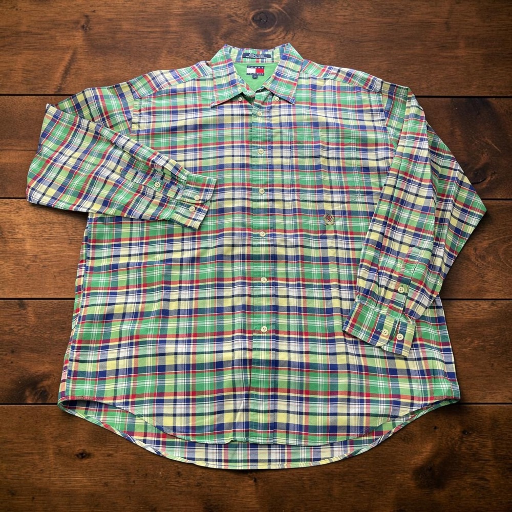 Vintage Tommy Hilfiger Mens L Plaid Button Down Shirt Green Blue Red Long Sleeve